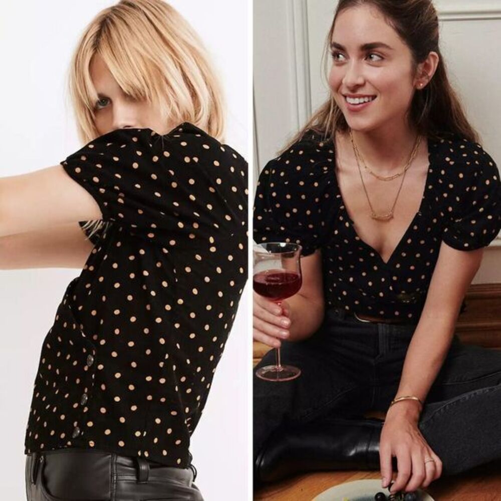 NEW Madewell Corduroy Puff-Sleeve Wrap Top‎ in Oval Dot, L
